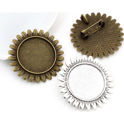 5pcs 25mm Inner Size Antique Silver Plated and Bronze Brooch Flower Cameo Cabochon Base Setting Charms Pendant