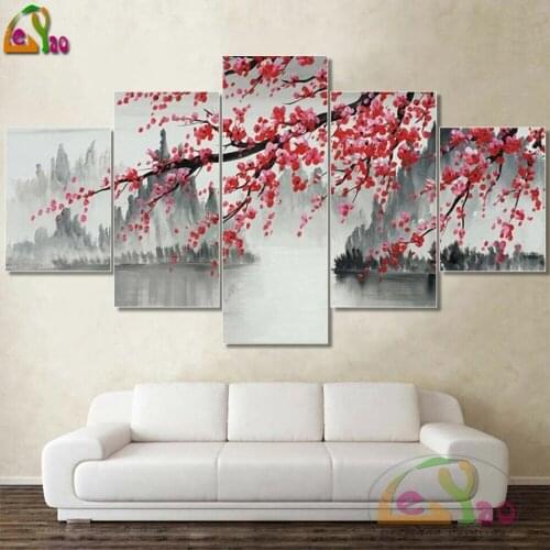 DIY 5D Diamond Painting 5 Pcs Chinese Painting Scenery Full Diamond Embroidery Plum Bossom Rhinestone Mosaic Kits Wall Art Decor