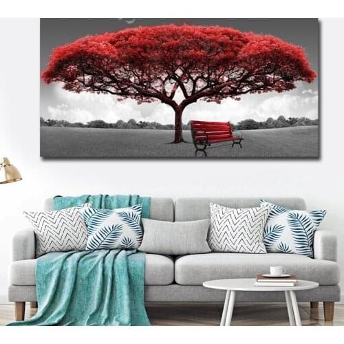 Abstract Red Tree Scenery Landscape Oil Painting on Canvas Posters and Prints Cuadros Art on the Wall Picture for Living Room