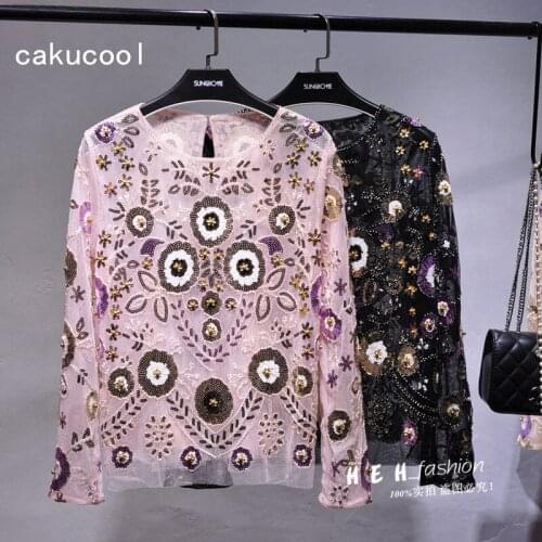 Cakucool Hot Transparent Long Sleeve Blouse Sequined Beading Floral Shirts O-neck See-through Sexy Elegant Blusas Shirts Female