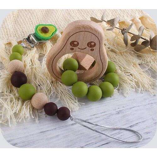 Baby Pacifier Chain Beech Wooden Avocado Bracelet Teether Nipple Dummy Clip Holder Infants BPA Free Silicone Beads Teething