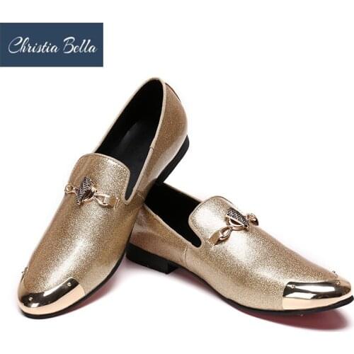 Christia Bella Trend Men Gold Leisure Dress Shoes Patent Leather Round Toe Casual Slip on Wedding Shoes Party Dance Shoes Summer