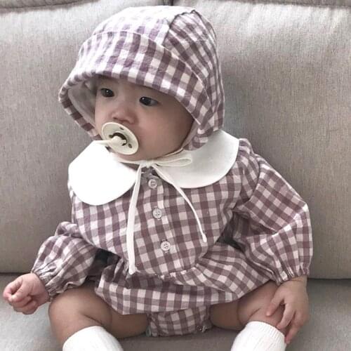 2021 Spring and Autumn Baby New Cute Romper Girls and Boys Baby Lapel Loose Clothes Climbing Clothes with Hat