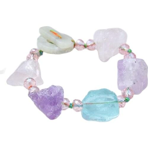 GG Jewelry Natural Rose Quartzs Purple Amethysts Blue Quartzs Rough Bracelet 8" Cute style For Women Lady Jewelry