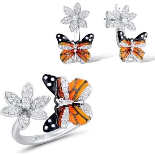 Trendy Female Enamel Butterfly Jewelry Set Charm Silver Color Stud Earring For Women Dainty White Zircon Engagement Wedding Ring