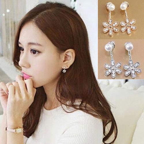 Korean Style Women earrings Faux Pearl Ear Stud Rhinestone Crystal Flower Dangle Earrings gifts for the new year wholesale