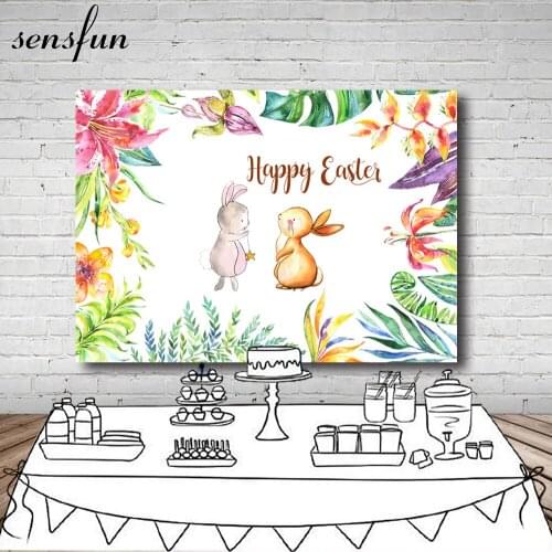 Colorful Flowers Rabbit Happy Easter Photography Backgrounds Vinyl Backdrops For Photo Studio Baby Shower Custom Name Date