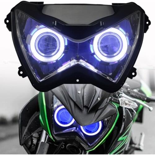Motorcycle HID Xenon Projector Conversion Headlight Assembly White Blue Twin Angel Eyes Head Lamp For Kawasaki Z800 Z250 Z300
