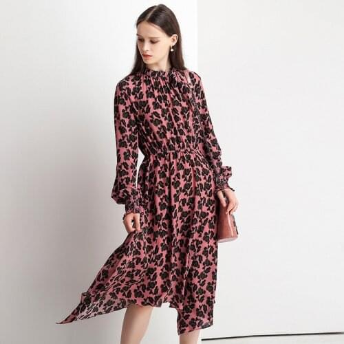 100% Silk Dress Leopard Print Ruffles Decoration O Neck Long Sleeves Top Grade Fabric Elegant Style Summer New Fashion