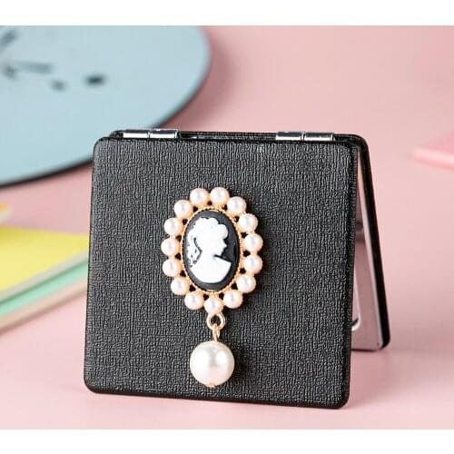 Mini Pocket Cosmetic Beauty Makeup Mirror Pearl Lady,2-face PU Leather Portable Magnify Folding Compact Mirror,Party Girl Gifts