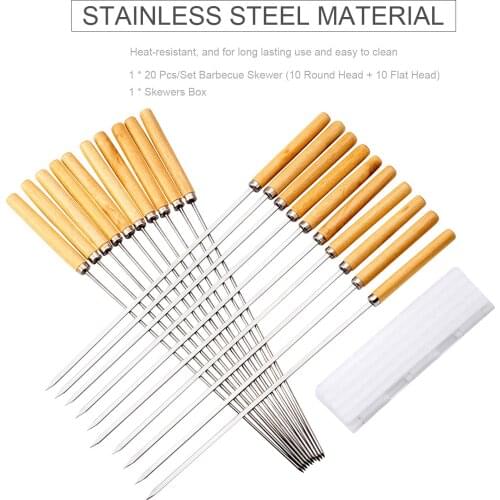Reusable Barbecue Skewer BBQ Stainless Steel Skewers Meat Food Meatballs Sticks BBQ Wooden Stick Lamb Skewers Ham sausage