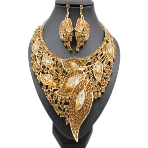 Fashion Crystal Statement Necklace Earrings Set Indian Bridal Jewelry Sets for Bride Wedding Costume Jewellery Accessories Women