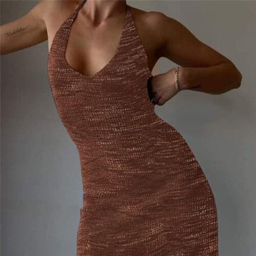 Fashion Knitted 2021 Summer Dress Women Sleeveless V-neck Hot Sexy Backless Halter Long Dresses Bodycon Holiday Beach Dress