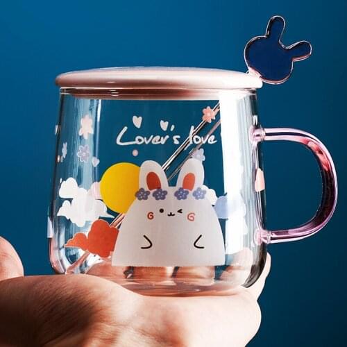Cartoons Gift Glass Cup with Lid and Spoon Creative High Capacity Cute Coffee Mug Juice Glass Cups Water Tazas Drinkware DF50BL