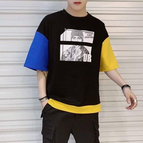 Hip hop half sleeve men t shirt loose mens punk tops casual tshirt streetwear fashion summer patchwork tees Shirts funny male