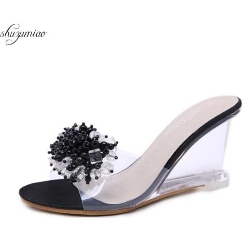 Slope Sandals High Quality rystal Transparent Diamond Wedges Crysta Sandals High heels 8.5cm Slope Sandals Female Summer 2018