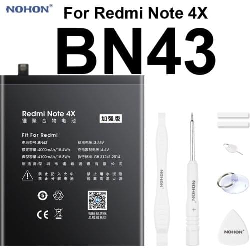 Original NOHON Battery For XiaoMi RedMi Note 4X BN43 4100mAh HongMi Note4X High Capacity Built-in Phone Li-polymer Bateria Tools
