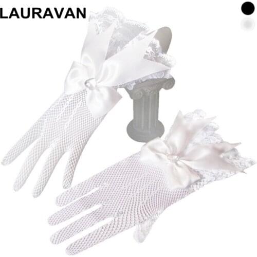 White or Black Bridal net lace Gloves Lace bow Finger Short Cheap Wedding Gloves Accessories Wrist Length Wedding Finger Gloves