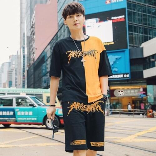 Personality Fashion Print Color Panelled Mens 2Pieces Sets Short Sleeve O-Neck Pullover Tees Top Drawstring Knee Length Shorts