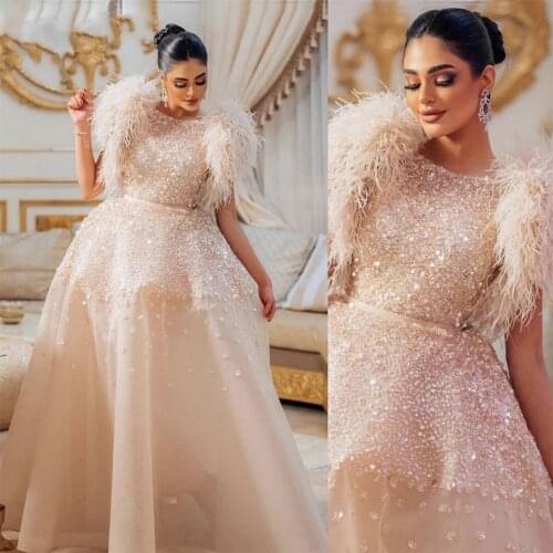 Saudi Arabia Feather A Line Evening Dresses Sequined A Line Dubai Prom Dresses Zipper Back Floor Length Women Formal Wear Robe