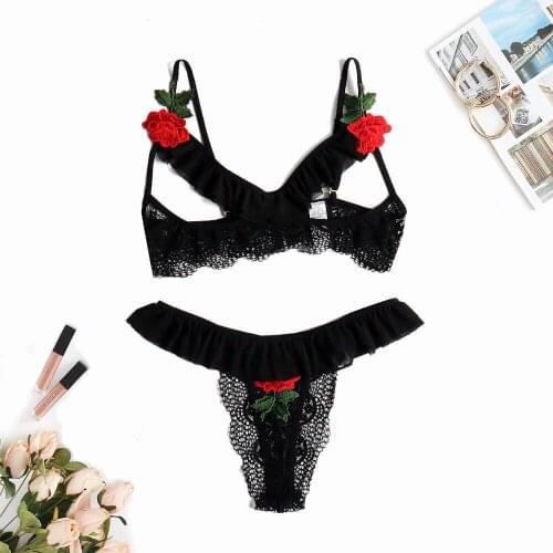 Hirigin Sexy Lingerie Women Rose Patchwork Hollow Out Lingerie Set 2020 New Lace Flower Underwear Nightgowns Sleepwear G-string