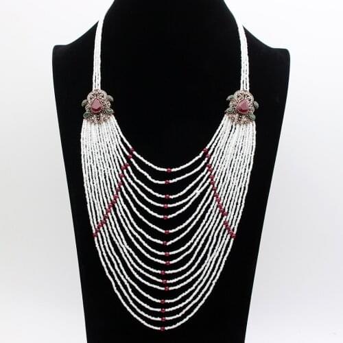 Turkish Women Bead Strand Necklace Ethnic Flower Antique Gold Color Resin Royal Wedding Jewelry Beaded Sweater Chain Necklace