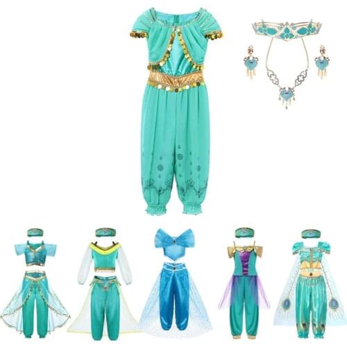 VOGUEON Arabian Princess Aladdin Jasmine Fancy Costume Children Girls Sequins Halloween Party Cosplay Dress Up Outfit Clothes