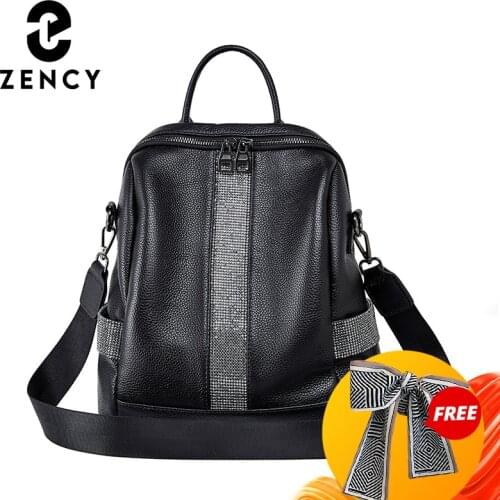 Zency Soft Genuine Leather Handbag Fashion Elegant Multifunction Female Knapsack Business Commute Bags Student School Bag Balck