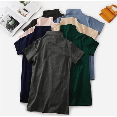 2021 Summer Women Cotton Candy Color Shirt Oversize Basic Tops 11 Colors Turtleneck Short Sleeves Casual Shirts Plus Size M-8XL