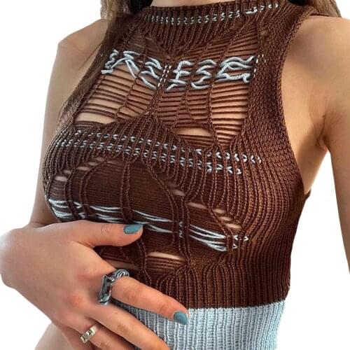 Women’s Fashion Contrast Color Knitted Vest Sexy Hollow Round Neck Exposed Navel Sleeveless Tops