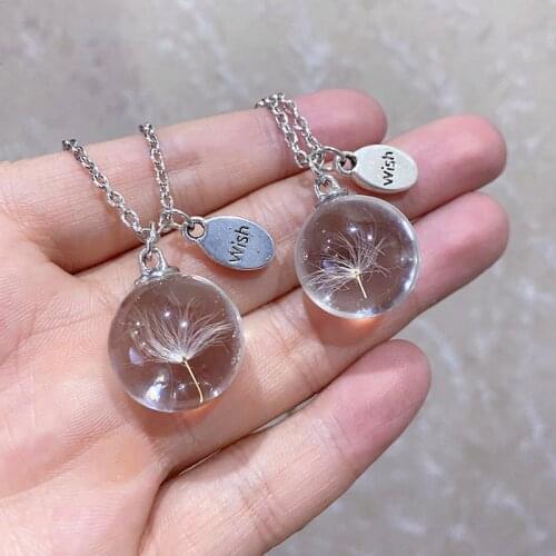 2Pcs Handmade Fashion Wish Dandelion Seed Flower Glass Transparent Pendant Necklace For Women Valentines Gift