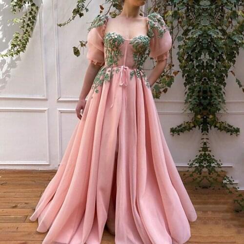 Pink Evening Dresses with Green Appliques A-Line Short Sleeves Long Prom Gowns Custom Made Party Dress for Graduation 2020