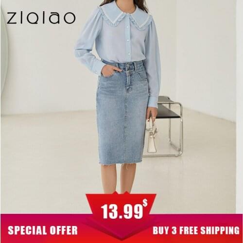ZIQIAO Women Denim Blue Skirt Knee-length Denim Skirts