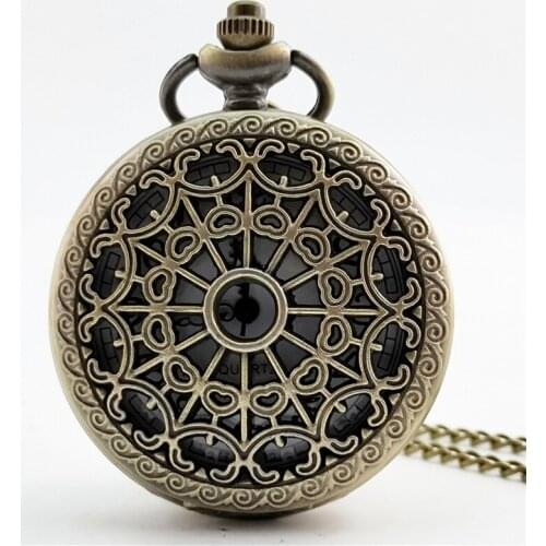 50pcs/lot New Fahion Hot Sell Hollowed Bronze Web Quartz Pocket Watch Men Women Wacthes with Chain