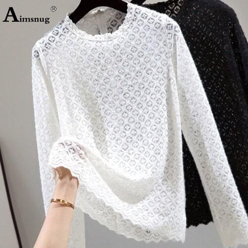 Aimsnug 2021 Summer Womens Top Sexy Transparent Casual Shirt Female Round Neck Lace Houndstooth Tunic Shirt Fashion Hollow Tees