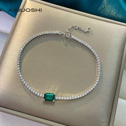 AINUOSHI 925 Sterling Silver 5x7mm Emerald Simulated Lad Created Emerald Elegant Bracelet Women Chain Length 24cm