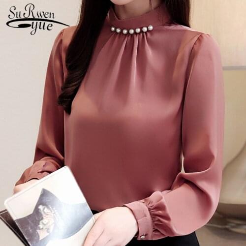 Fashion Womens Tops And Blouses Beading Stand Collar Office Blouse Women Chiffon Blouse Shirt Long Sleeve Women Shirts 2553 50