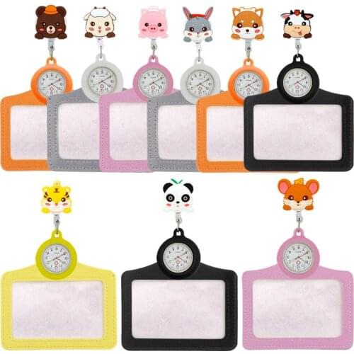 Cartoon Lovely Animals Retractable Badge Reel Women Mens Nurse Doctor Pocket Watches With Clips Name Card Holders Gift Clock