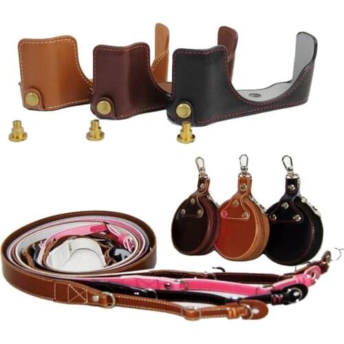 Genuine Leather Camera Bag Cover for Panasonic GF7 GF8 camera half case bottom bag + strap + Mini Battery bag