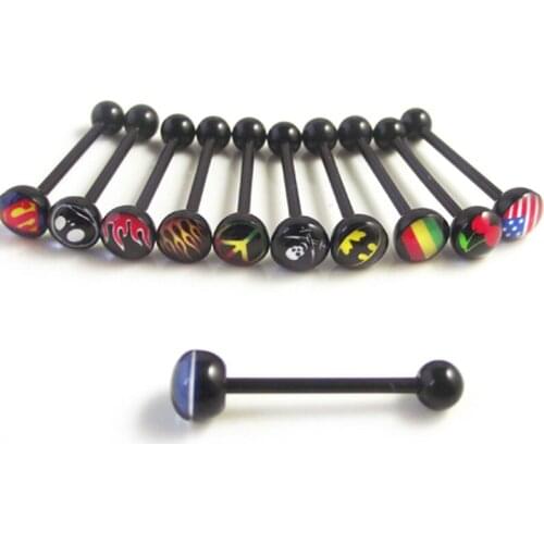1Piece 1.6X18X7/5mm Black Soft Logo Desigh Tongue Ring Acrylic Flexible Straight Barbell Body Piercing