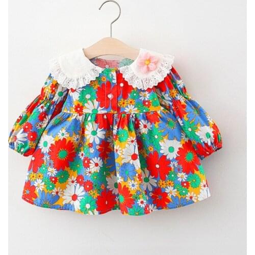 Floral Girls Fall Dress Long Sleeve Peter Pan Collar Spring Autumn Christmas Kids Boutique Clothes