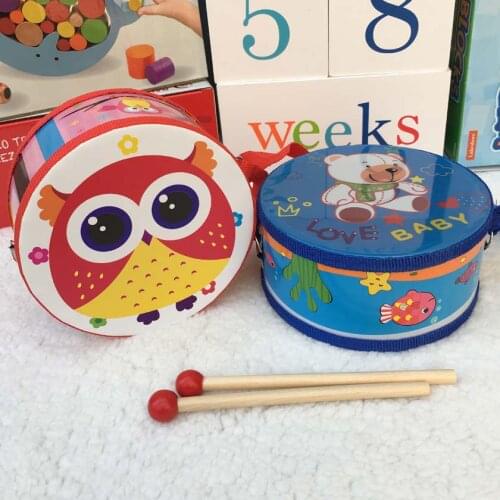 Child Wooden baby Cartoon Animal Giraffe/lion/rabbit hand double-sided drum Educational toys Musical Toy Instrument for Party