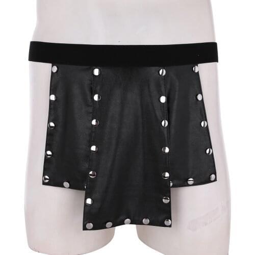 Men Erotic Sexy Lingerie Latex Porno Novelty Underwear Skirt Belt Black Faux Leather Low Waist Panties Metal Studded Rave Outfit