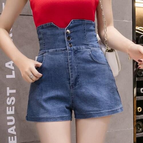 Korea Women High Waist Denim Shorts 3 Buttons Push Up Waist Cross Fashion Short Jeans Female Trousers