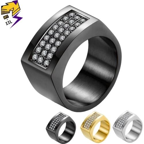 Hiphop Ice Out Crystal Rings for Men Gold Silver Color Titanium Steel Big Square Black Ring Women Wedding Hip hop Jewelry