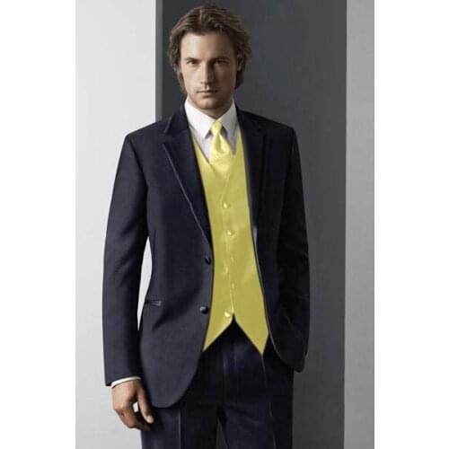 Hot Sales Black Business Men Suits Custom Made, Bespoke Classic Black Wedding Suits With Yellow Vest, Tailor Made Groom Tuxedos