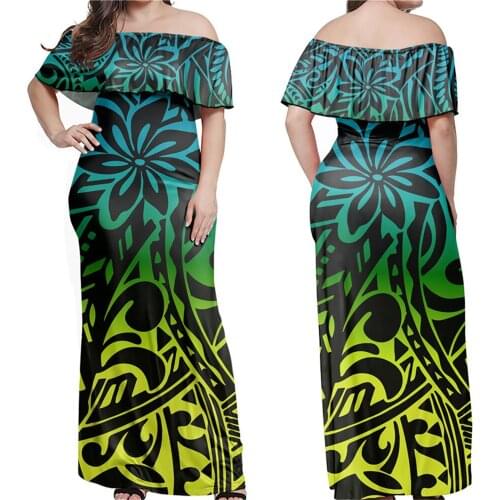 Jackherelook Gradient Polynesain Tribal Floral Print Women Off Shoulder Long Dress for Party Night Summer Bodycon Maxi Dresses