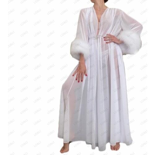 LO&LI 2021 Sexy Night Robe Long Sleeves Feather Sleepwear Sexy Party Celebrity Nightgowns Robes