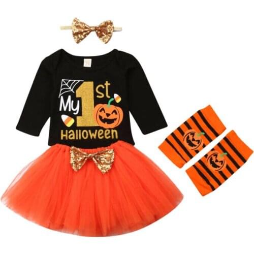 4Pcs Halloween Costume Newborn Toddler Baby Girl Clothes Pumpkin Tops Romper+Tutu Skirt+Leg Warmers+Headband Clothes Set