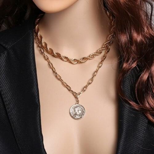 Multi-layer Link Chain Necklace For Women 2021 Gold Color Coin pendant Clavicle Necklaces Punk Twist Necklace Statement Jewelry